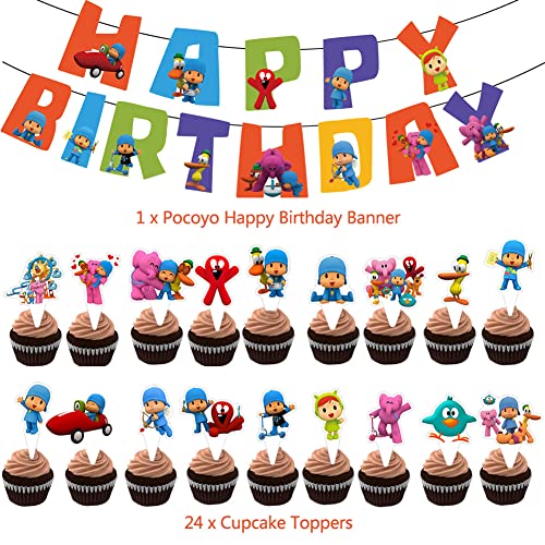 Set de Fiesta de Cumpleaños de Niños, 51 Piezas Decoración de Fiesta de Pocoyo Globos de Latex Pocoyo Pancartas Cumpleaños Adornos de Pastel para Niños Decoraciones de Cumpleaños