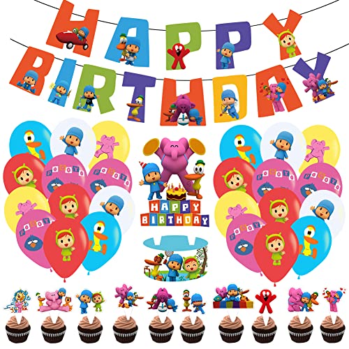 Set de Fiesta de Cumpleaños de Niños, 51 Piezas Decoración de Fiesta de Pocoyo Globos de Latex Pocoyo Pancartas Cumpleaños Adornos de Pastel para Niños Decoraciones de Cumpleaños