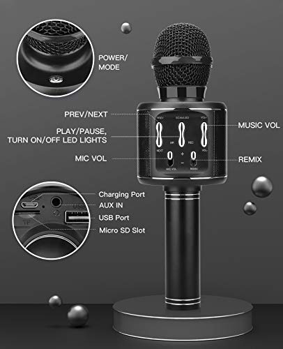 ShinePick Micrófono de karaoke Bluetooth para niños, 4 en 1, inalámbrico, portátil, con altavoz, grabación de sonido, para fiestas, compatible con Android, iOS, PC (negro)