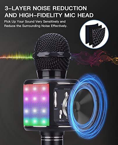 ShinePick Micrófono de karaoke Bluetooth para niños, 4 en 1, inalámbrico, portátil, con altavoz, grabación de sonido, para fiestas, compatible con Android, iOS, PC (negro)