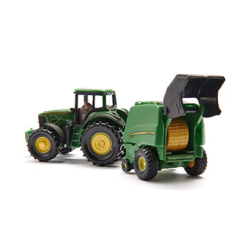 siku 1665, Tractor John Deere con enfardadora y 2 balas redondas, Metal/Plástico, Verde, Partes móviles