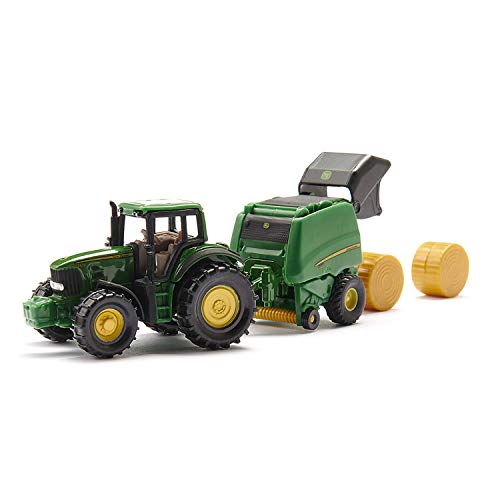 siku 1665, Tractor John Deere con enfardadora y 2 balas redondas, Metal/Plástico, Verde, Partes móviles