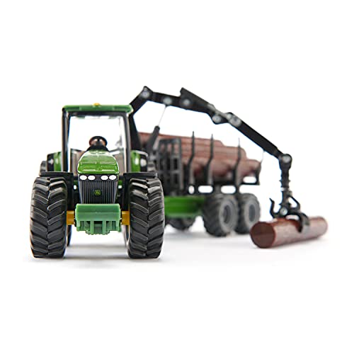 SIKU 1954, Tractor John Deere con remolque forestal, 1:50, Brazo de carga y pinza funcionales, Metal/Plástico, Verde