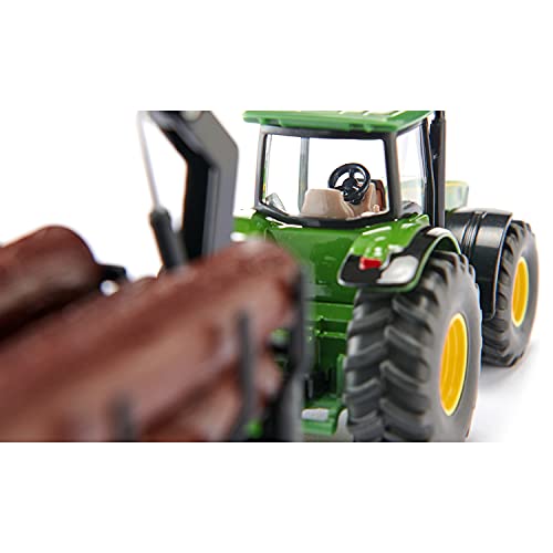 SIKU 1954, Tractor John Deere con remolque forestal, 1:50, Brazo de carga y pinza funcionales, Metal/Plástico, Verde