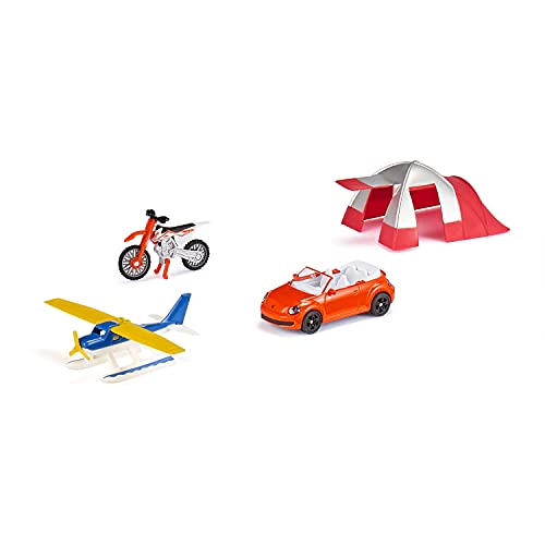 siku 6325, Set Regalo, Incluye descapotable, Moto de Cross, Hidroavión y Tienda de campaña, Metal/plástico, Multicolor