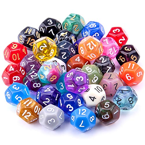 SIQUK 35 Piezas Dados de rol Poliédrico 12 Caras Dados de Colores para DND y Enseñanza de Matemáticas, con Bolsas