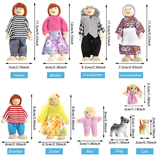 Skylety 10 Familiares de Madera de Casa de Muñecas Juego de 8 Minifiguras de Personas y 2 Mascotas, Muñecas de Madera Figuras Familiares de Juego de Simulación Accesorios Juguetes para Pretender