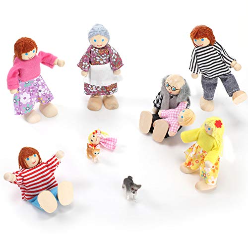 Skylety 10 Familiares de Madera de Casa de Muñecas Juego de 8 Minifiguras de Personas y 2 Mascotas, Muñecas de Madera Figuras Familiares de Juego de Simulación Accesorios Juguetes para Pretender