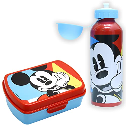 SKYLINE, Set Sandwichera y Cantimplora, Mickey Mouse, para Almuerzo Infantil, Botella de Aluminio con Fiambrera de plástico para Niños, Vuelta al Cole 2 Pcs