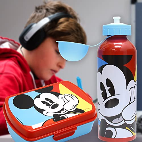 SKYLINE, Set Sandwichera y Cantimplora, Mickey Mouse, para Almuerzo Infantil, Botella de Aluminio con Fiambrera de plástico para Niños, Vuelta al Cole 2 Pcs