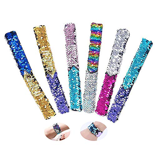 Slap Bracelets, 6 Piezas Reversible Glitter Snap Wristbands Sequins Bracelets,Pulseras de Juguete,Regalo de Fiesta de cumpleaños para niños y niñas favores