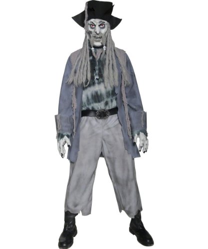 Smiffys-34118M Disfraz de Pirata Zombi, con Parte de Arriba, pantalón, Sombrero, Pelo Rastafari, Color Gris, M-Tamaño 38"-40" (Smiffy'S 34118M)