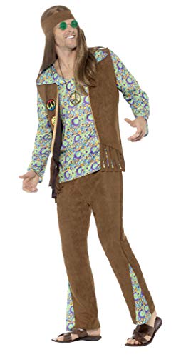 Smiffys-43126XL Disfraz de Hippie años 60, con Pantalones, Camiseta, Chaleco, medall, Multicolor, XL-Tamaño 46"-48" (Smiffy'S 43126XL)