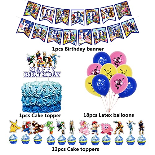 smileh Decoraciones de Fiesta Cumpleaños Super Smash Bros Globos Game Pancarta de Feliz Cumpleaños Juegos Adorno para Pastel para Niños Videojuego Suministros de Fiesta Cumpleaños Temáticos