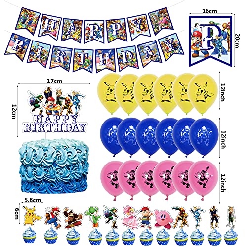 smileh Decoraciones de Fiesta Cumpleaños Super Smash Bros Globos Game Pancarta de Feliz Cumpleaños Juegos Adorno para Pastel para Niños Videojuego Suministros de Fiesta Cumpleaños Temáticos