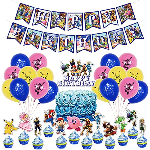 smileh Decoraciones de Fiesta Cumpleaños Super Smash Bros Globos Game Pancarta de Feliz Cumpleaños Juegos Adorno para Pastel para Niños Videojuego Suministros de Fiesta Cumpleaños Temáticos