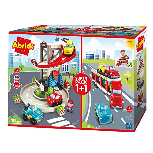 Smoby- Pack de Garaje con Camión Trailer Abrick, Incluye 7 Coches, Adecuado a Partir de 18 Meses, Color (301189)