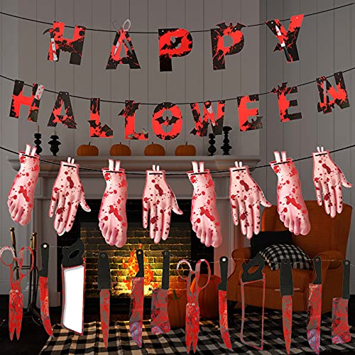 SNUNGPHIR Halloween Pancartas para Fiestas,Juego de Decoración de Halloween de Horror,Guirnaldas de Armas Sangrientas Cuchillo Manos Cortadas Pies Suministros Halloween para Fiesta Indoor Outdoor