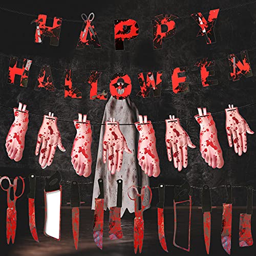 SNUNGPHIR Halloween Pancartas para Fiestas,Juego de Decoración de Halloween de Horror,Guirnaldas de Armas Sangrientas Cuchillo Manos Cortadas Pies Suministros Halloween para Fiesta Indoor Outdoor