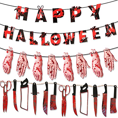 SNUNGPHIR Halloween Pancartas para Fiestas,Juego de Decoración de Halloween de Horror,Guirnaldas de Armas Sangrientas Cuchillo Manos Cortadas Pies Suministros Halloween para Fiesta Indoor Outdoor