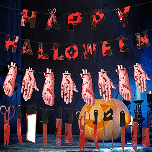 SNUNGPHIR Halloween Pancartas para Fiestas,Juego de Decoración de Halloween de Horror,Guirnaldas de Armas Sangrientas Cuchillo Manos Cortadas Pies Suministros Halloween para Fiesta Indoor Outdoor