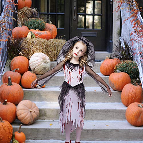 SOIMISS 2 Piezas Niños Zombie Vestido de Novia con Velo Negro Niñas Disfraz Sangriento de Halloween Vampiro Cosplay Vestido de Fiesta de Halloween para Niños Pequeños