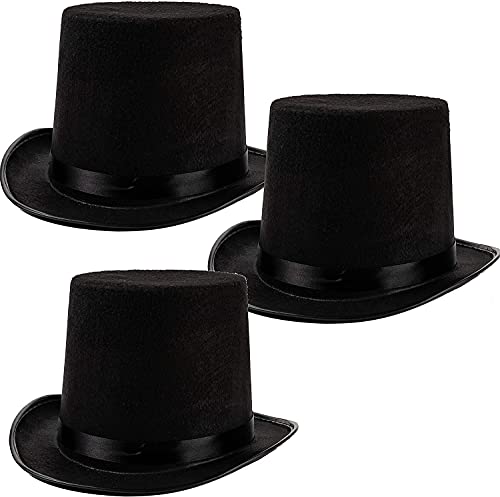 Sombrero de Copa de Colore Negro, Gorro de Fieltro Satén, Chistera Mago Hombre con Cinta de Raso para Disfraces Cosplay Carnaval Halloween (Negro*3, Talla única)