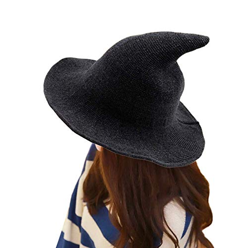 Sombrero Mujer Halloween Sombrero Bruja Grande de Lana Gorro de Punta Plegable Disfraz para Fiesta Cosplay Carnaval Gris Oscuro