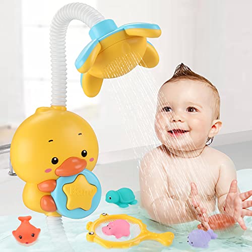 Sotodik Bañera infantil con juguetes eléctricos para ducha de pato, cabezal de lluvia, rociador ajustable con ventosas, 4 piezas, juguete para bañera y red de pesca, juguete de agua para niños y niñas