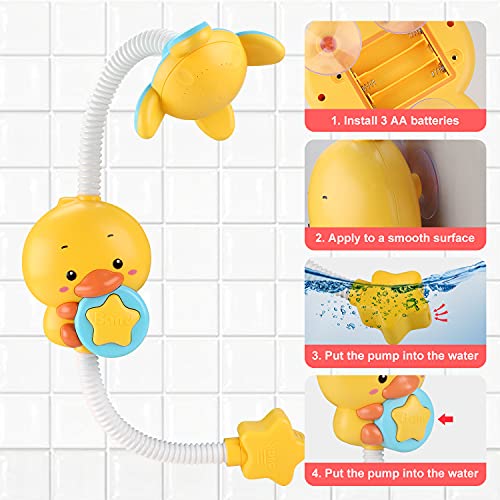 Sotodik Bañera infantil con juguetes eléctricos para ducha de pato, cabezal de lluvia, rociador ajustable con ventosas, 4 piezas, juguete para bañera y red de pesca, juguete de agua para niños y niñas