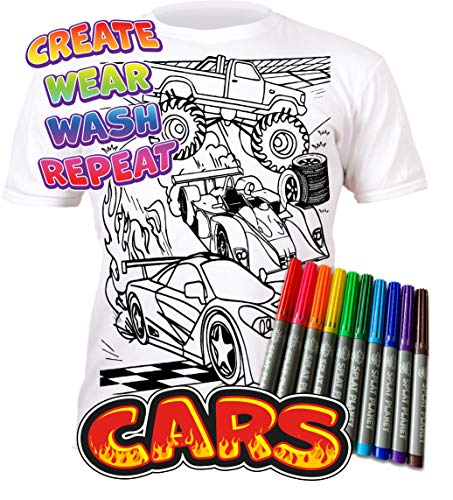 Splat Planet Camiseta Coches para niños. con impresión para Pintar y Colorear. Incluye 10 Colores mágicos Lavables. Cumpleaños Infantil. (7-8 años)