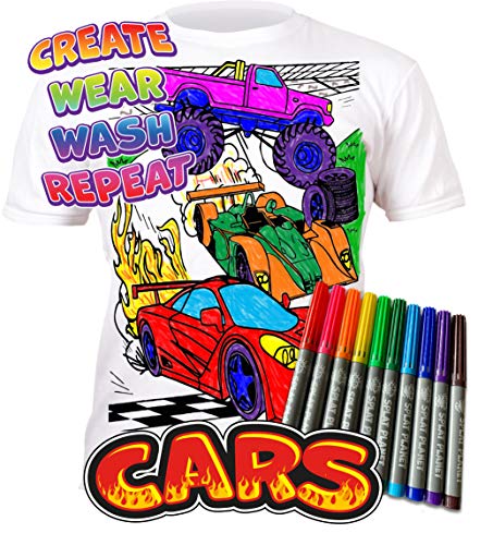 Splat Planet Camiseta Coches para niños. con impresión para Pintar y Colorear. Incluye 10 Colores mágicos Lavables. Cumpleaños Infantil. (7-8 años)