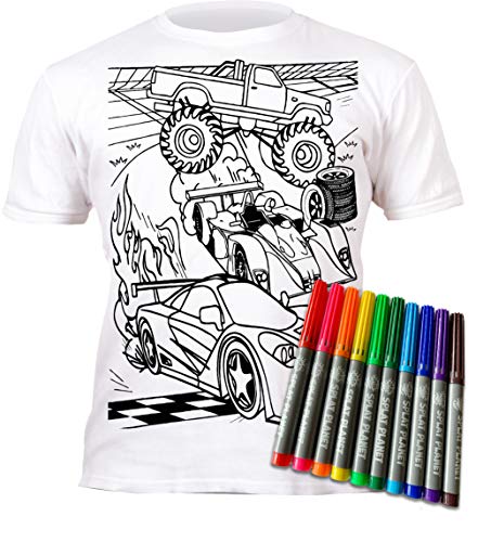 Splat Planet Camiseta Coches para niños. con impresión para Pintar y Colorear. Incluye 10 Colores mágicos Lavables. Cumpleaños Infantil. (7-8 años)