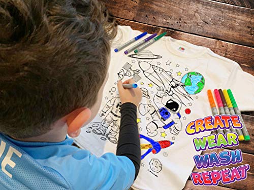 Splat Planet Colour-in Space Man and Space Rocket Camiseta con 6 bolígrafos mágicos no tóxicos lavables – Color en y lavado fuera de la camiseta, Espacio, 7-8 años