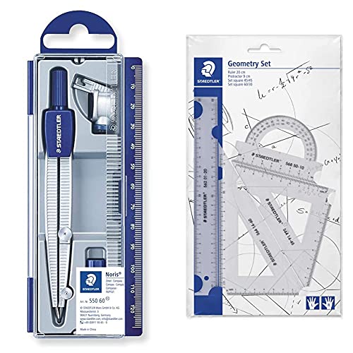 Staedtler Noris Club 550, Set De Dibujo Estuche, Compás Escolar, Adaptador Y Tubo De Minas, Azul/Metálico + Mars 569 Pb4-0 Set De Reglas Y Transportador Para Dibujo Técnico