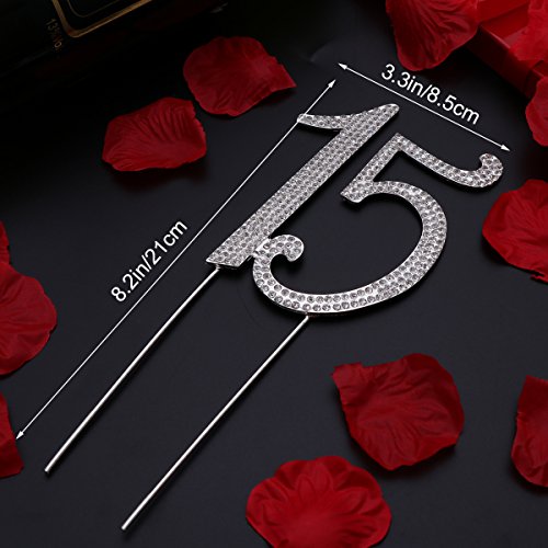 STOBOK Numero 15 Topper Tarta Decoracion para Tartas Cumpleaños 15 Años Cake Topper Strass Cristal Plata