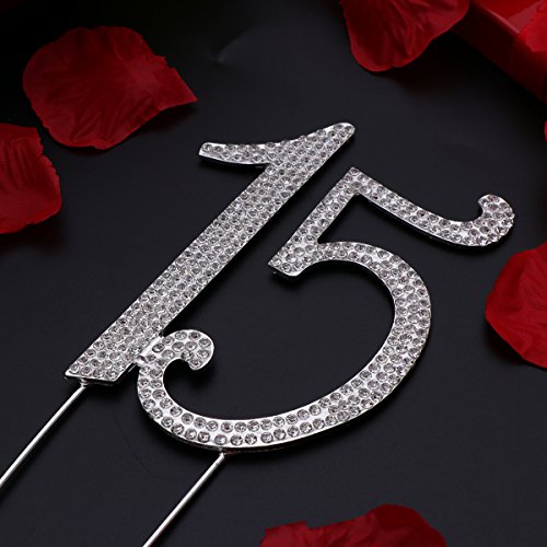 STOBOK Numero 15 Topper Tarta Decoracion para Tartas Cumpleaños 15 Años Cake Topper Strass Cristal Plata