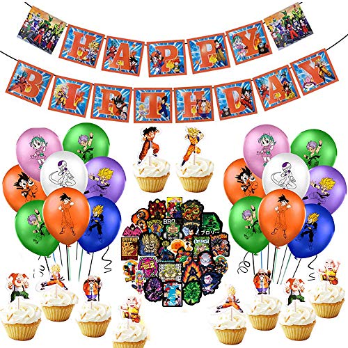 Suministros de fiesta de cumpleaños de Dragon Ball, decoraciones de Dragon Ball Z incluyen adorno para tarta cupcakes, pancarta, globos Dragon Ball Pegatinas Suministros de fiesta para niños