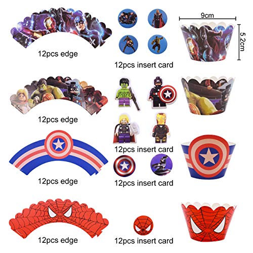 Super Heroe Cupcake Topper Wrapper - Miotlsy 96Pack Decoración de Pastel, para Niños Niñas Regalo Decoraciones de Fiesta de Cumpleaños Fiesta de Superhéroes