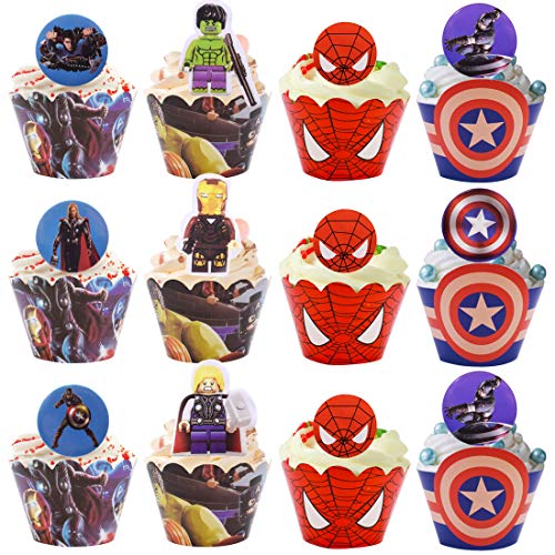 Super Heroe Cupcake Topper Wrapper - Miotlsy 96Pack Decoración de Pastel, para Niños Niñas Regalo Decoraciones de Fiesta de Cumpleaños Fiesta de Superhéroes