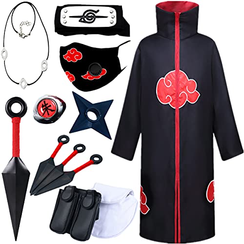 SUSICH Anime Cape Cosplay Akatsuki Uchiha Itachi Víspera de Todos los Santos Carnaval Ropa Nube Roja Saco Venda Kunai Collar y Anillo Bufanda Accesorios Adulto Niño Unisexo Disfraz Set