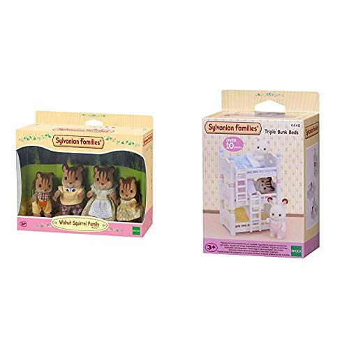 SYLVANIAN FAMILIES Walnut Squirrel Family Mini Muñecas y Accesorios, (Epoch para Imaginar 4172) + Triple literas (Epoch para Imaginar 4448)