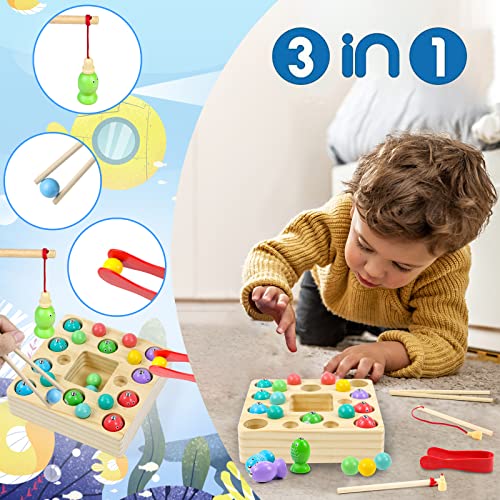 Symiu Juguetes de Pesca para Niños 3 IN 1 Montessori Magneticos Juguetes Madera 10 Pescados y 10 Bolas Puzzle Juegos de Mesa Educativos Regalos para Niños 3 4 5 6 Años