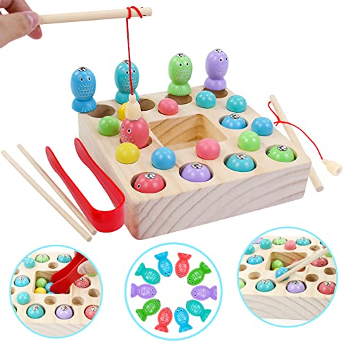 Symiu Juguetes de Pesca para Niños 3 IN 1 Montessori Magneticos Juguetes Madera 10 Pescados y 10 Bolas Puzzle Juegos de Mesa Educativos Regalos para Niños 3 4 5 6 Años