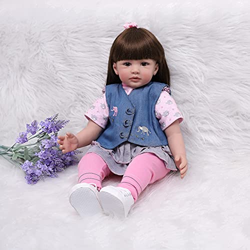 SYP Muñeca Reborn Niña 60 cm 24 Pulgadas Realista Muñeca de Vinilo de Silicona Suave Hermosa Muñeca Reborn con Pelo Largo y Peluche de Elefante Bebé