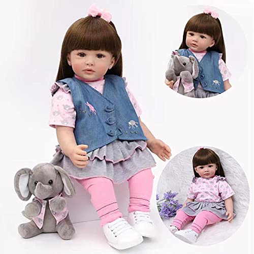 SYP Muñeca Reborn Niña 60 cm 24 Pulgadas Realista Muñeca de Vinilo de Silicona Suave Hermosa Muñeca Reborn con Pelo Largo y Peluche de Elefante Bebé