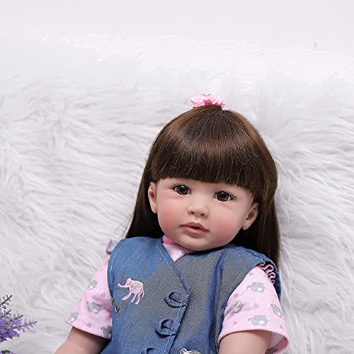 SYP Muñeca Reborn Niña 60 cm 24 Pulgadas Realista Muñeca de Vinilo de Silicona Suave Hermosa Muñeca Reborn con Pelo Largo y Peluche de Elefante Bebé