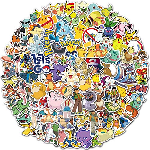 SZENEST Pokemon - 100 pegatinas de dibujos animados para niños y adolescentes, vinilo impermeable, diseño de anime, para monopatín, teléfono, portátil, moto, maleta de bicicleta