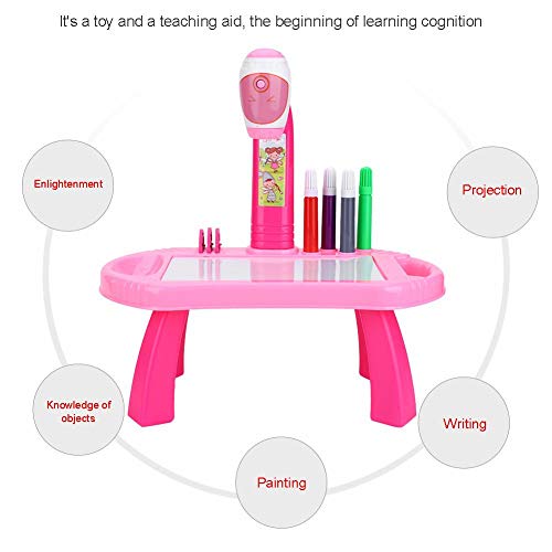 Tablero de dibujo Juego de pintura para proyector Juego de dibujo para proyector de mesa para niños con 4 discos de imágenes diferentes 8 bolígrafos de color Juguetes de educación temprana (Pink)