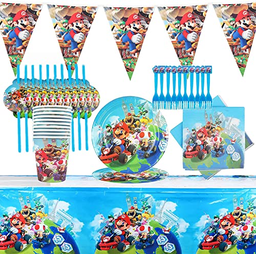 TANHULU Vajilla para Fiesta De Cumpleaños 62 Piezas Plato de Papel Taza Mantel Triángulo Tirar Bandera Decoración de Fiesta de Cumpleaños para Niños